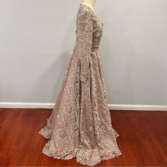 Mac Duggal Embellished Illusion Long Sleeve A line Gown In Mocha Pink - Reemoly - Picture 9 of 17